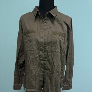 heartloom callia front button fringe trim shirt in army size s.